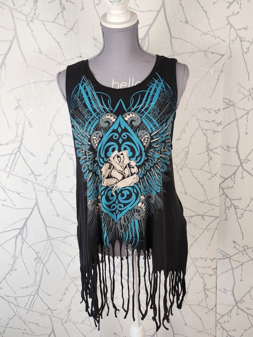 Denim & Blues Artsy Rose Graphic Print Shredded Fringe Tank